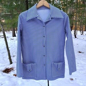 70s Kitchy Dagger Collar Textured Blazer Blue & White Retro Spring